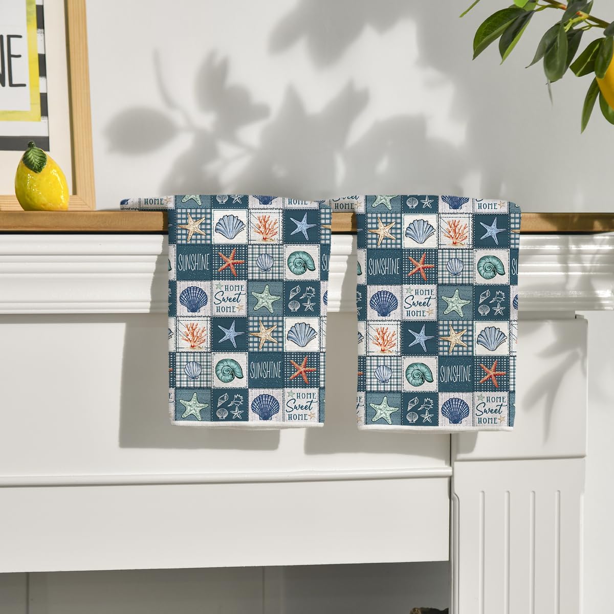 Artoid Mode Checkered Conch Shells Starfish Summer Kitchen Towels Dish Towels, 18x26 Inch Farmhouse Decoration Cleaning Set of 2