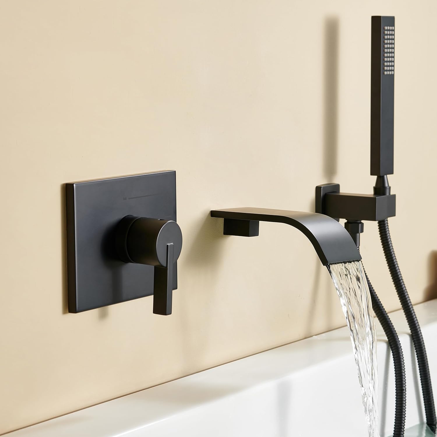 SOOOHOT Wall Mount Tub Faucet with Waterfall Tub Spout Wall Mounted Bathtub Faucet with Handheld Shower Single Handle Tub Filler Shower Faucet Set with Rough-in valve Straight Spout Matte Black