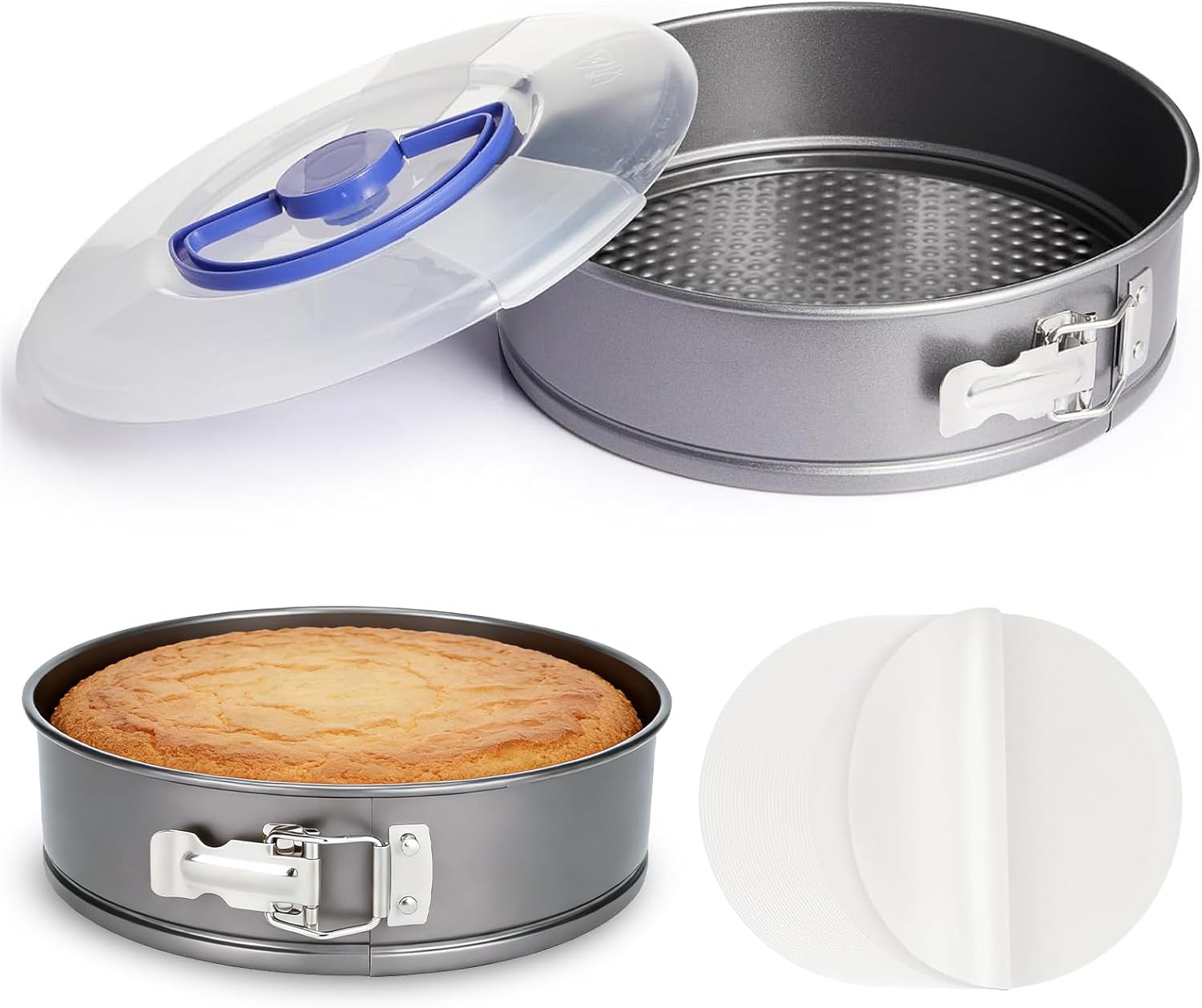 2 Pcs Cheesecake Pan, 9 Inch Springform Pan with Lids & Removable Bottom, Spring Form Pan for Cheesecake, Gray Non-Stick Carbon Steel Cake Pan with 50 Parchment Papers