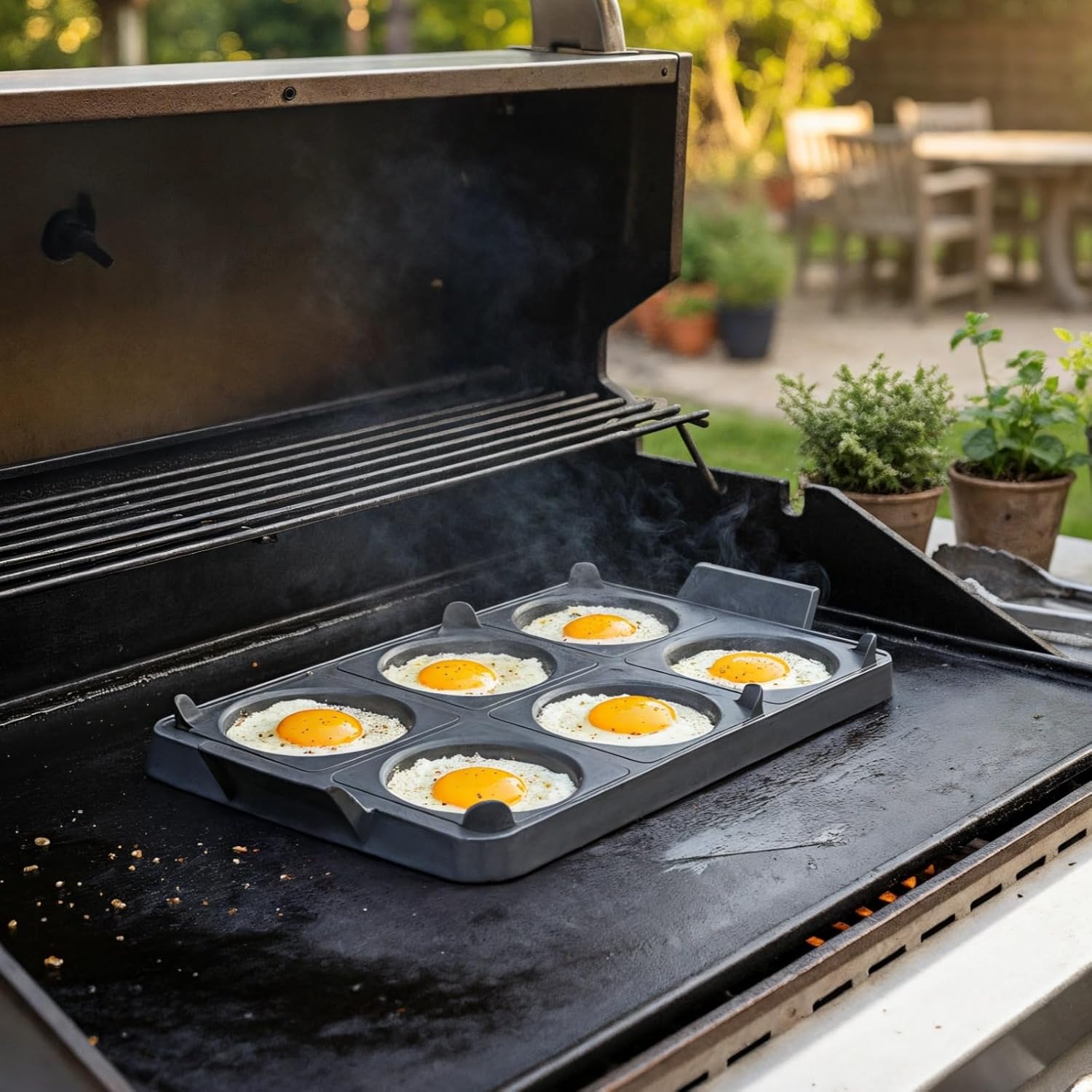 Silicone Egg Molds for Frying Eggs, 6-Hole Nonstick Rings, Fits Blackstone Griddle, Integrated Tray, High Heat Resistant, Flexible Handles