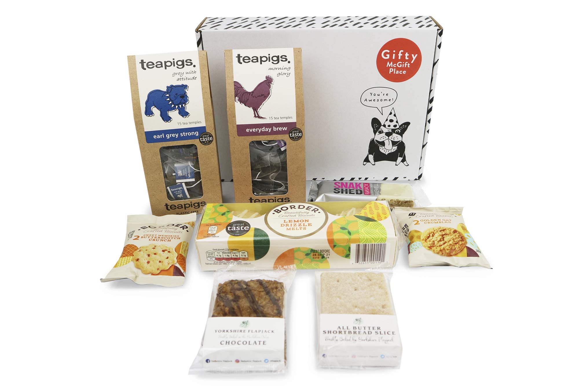 Tea Gift Hamper - Teapigs Teabags, Everyday Brew, Earl Grey, Shortbread, Bakewell Slice, Borders Biscuits, Flapjack, Lemon Drizzle Biscuits