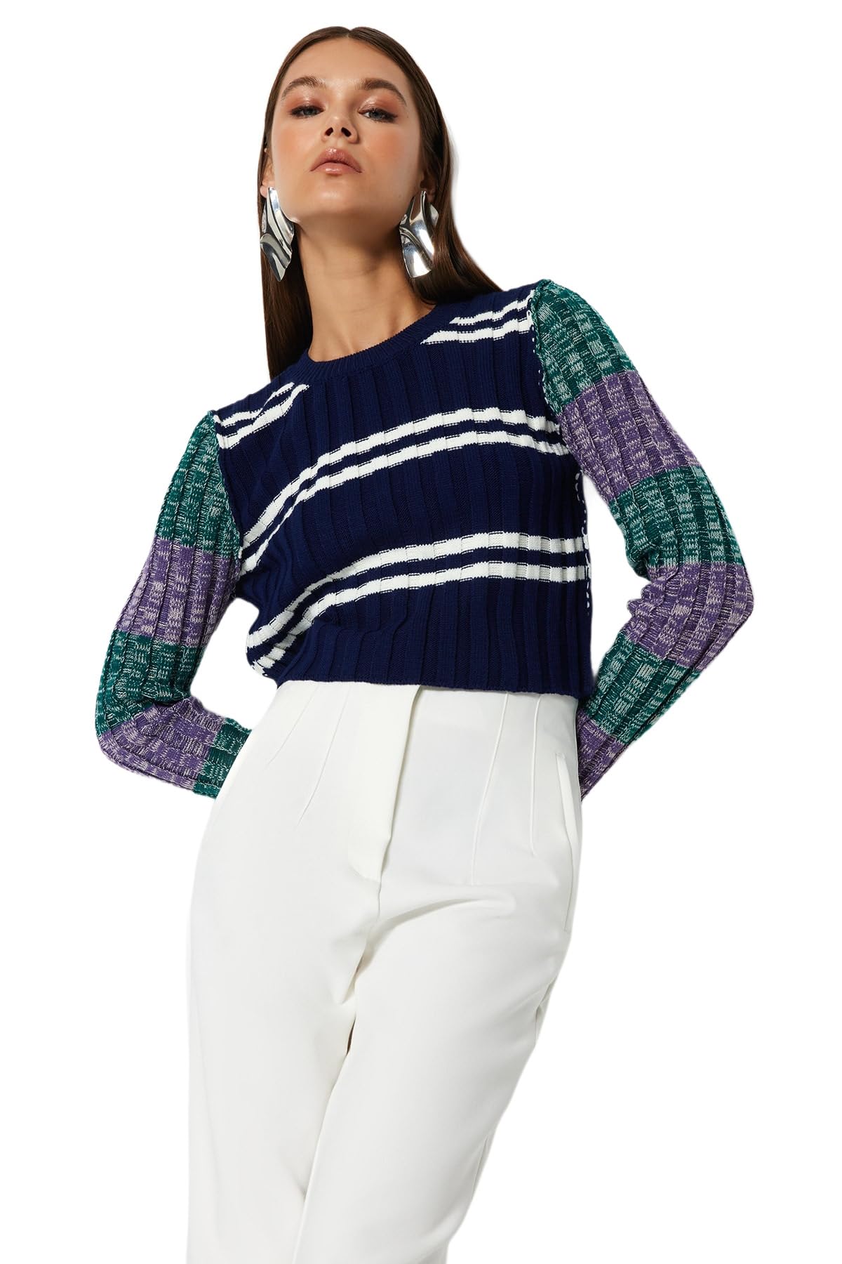 Trendyol Damen Slim fit Basic Crew Neck Knitwear Sweater Pullover, Navy Blue, S