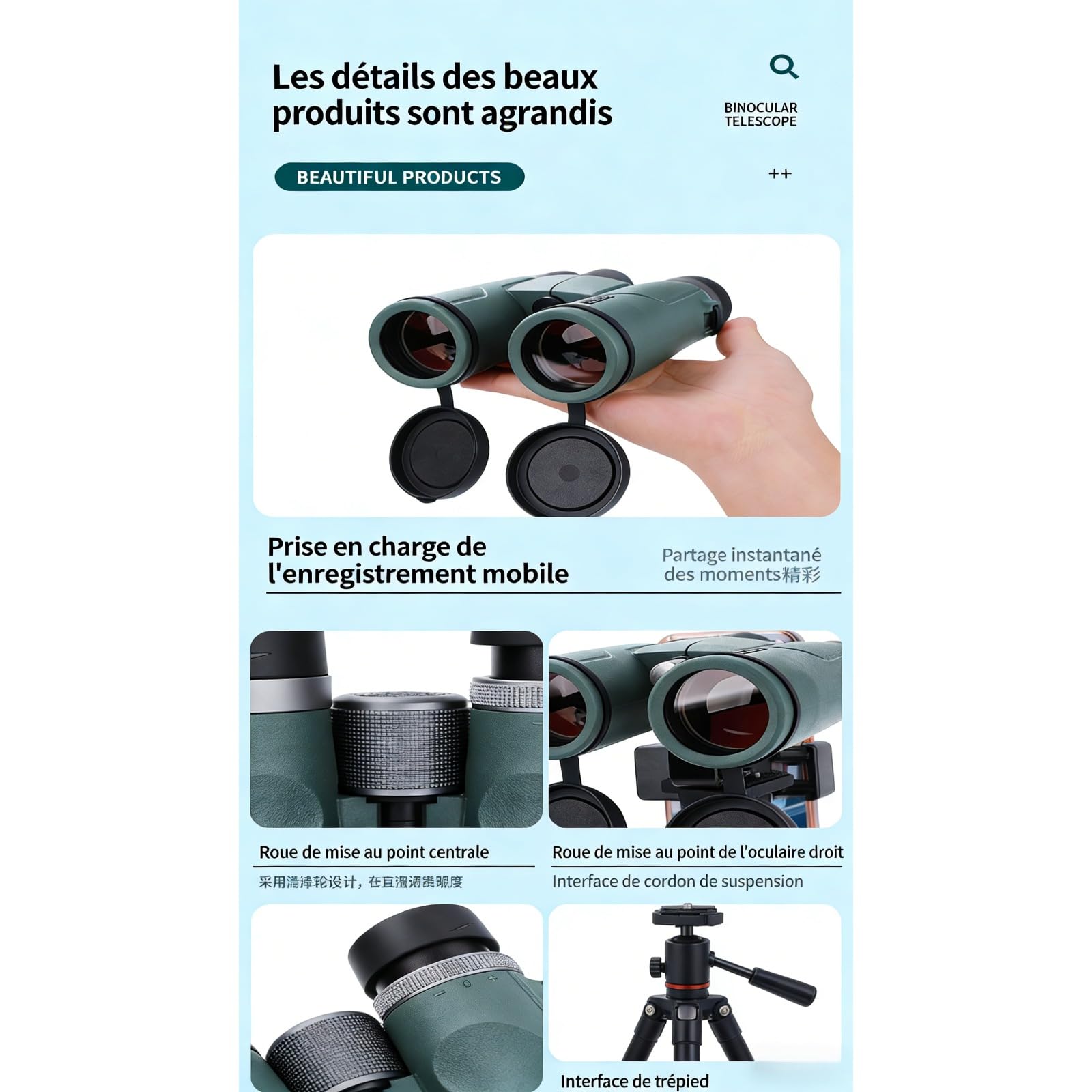 Kersens Jumelles Original à Talon HD à Fort grossissement pour Adultes, Jumelles à Vision Nocturne Warmax, étanches et Portables pour l'observation des Oiseaux, Les Voyages, l'observation des (Noir)