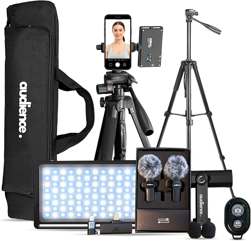 Audience Vlogging Kit for iPhone & Android — 72" Tripod with Dual Wireless Mics, LED Light, Phone Mount, Bluetooth Remote & Travel Case