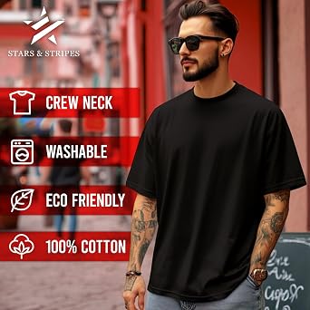 Mens 100% Cotton Oversized T-Shirt Plus Size Streetwear Baggy Style Top Dropped Shoulders Black Tall Tee