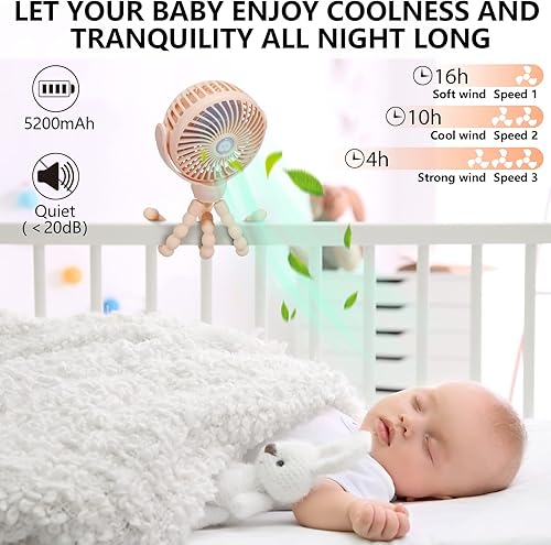 Miniatura 4 de snawowo Mini ventilador portátil para cochecito de bebé, ventilador de clip a pilas, recargable con rotación de 360, trípode flexible, ventilador de