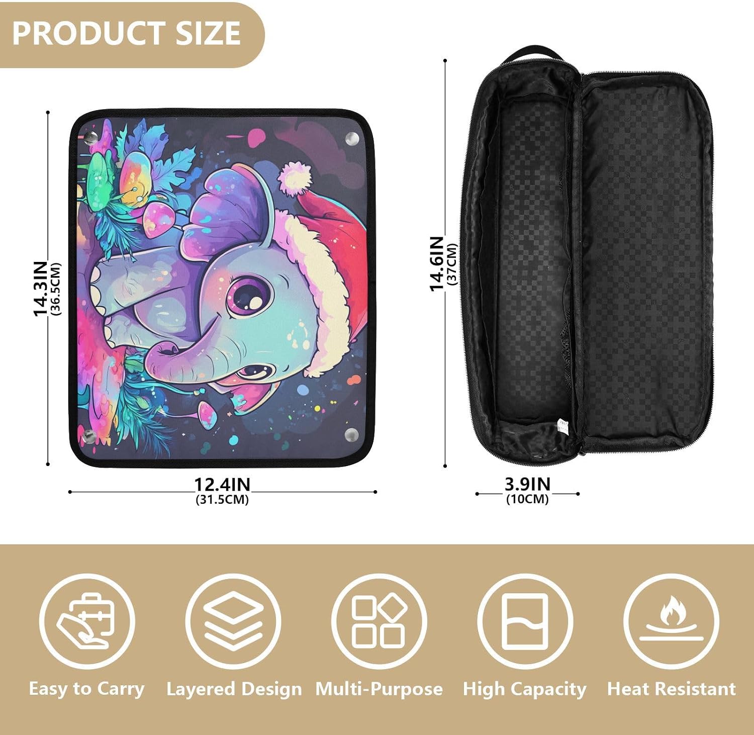 Hair Tool Travel Bag and Heat Resistant Mat with Zipper Double-Layer Travel Carrying Case for Hot Tools Curling Iron Flat Irons Hair Volumizer Styler, Cute Elephants Dripping Paint Travel image 4