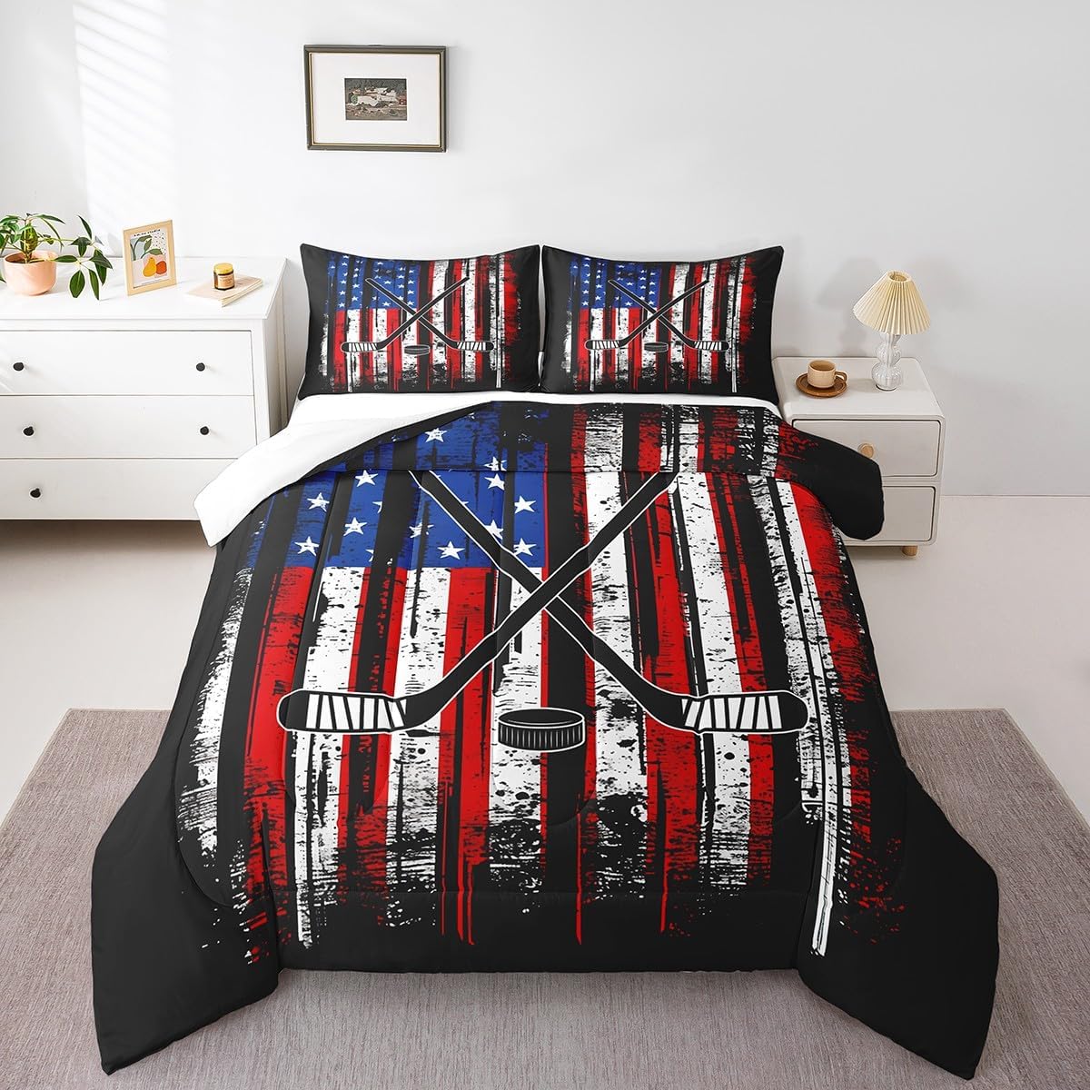 Manfei Ice Hockey Comforter Set Full Size, American Flag Print Bedding Set 3pcs for Kids Boys Teens Room Decor, Hockey Sports Gaming Theme Down Comforter with 2 Pillowcases, No Sheets