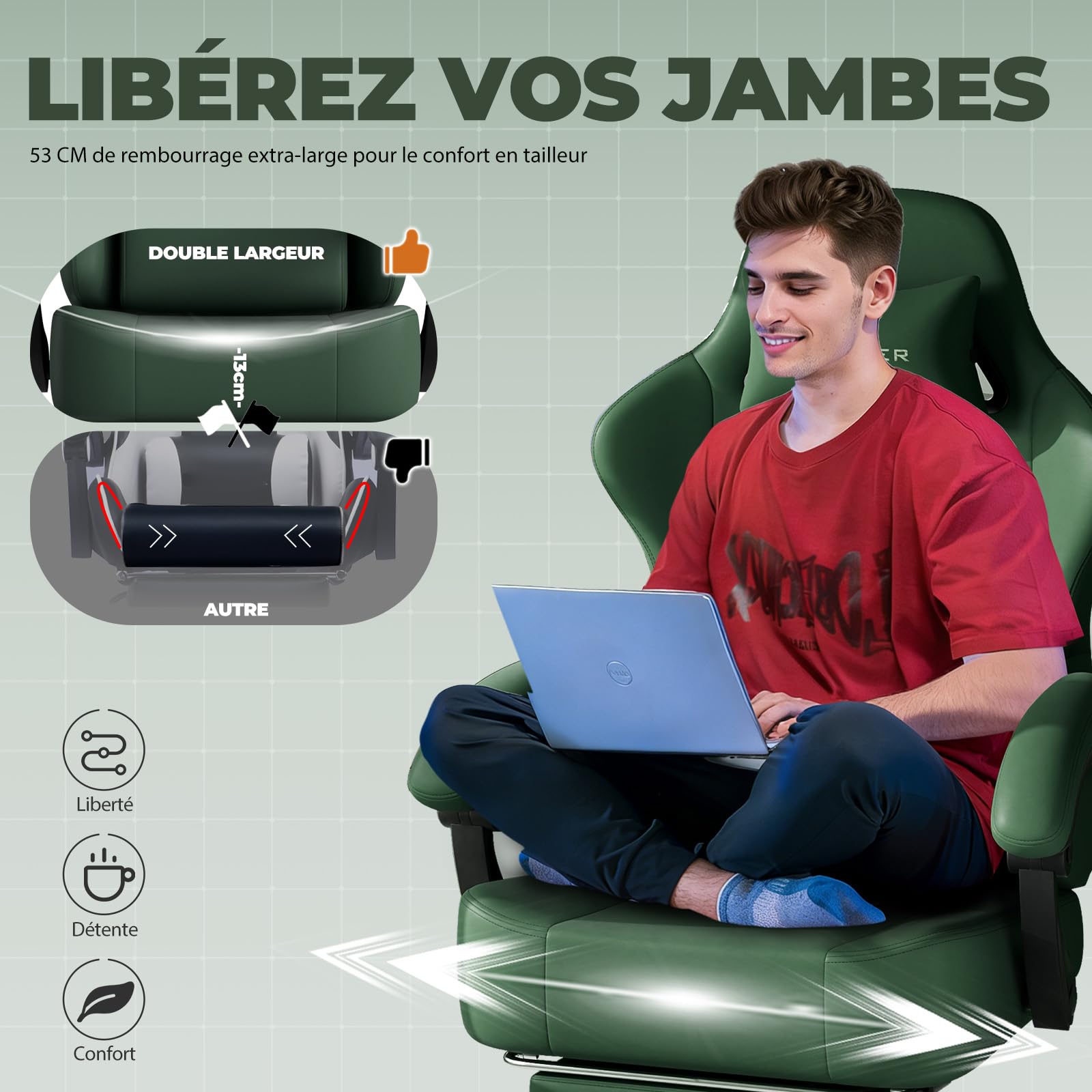 GTPLAYER Chaise de Gaming - Respirante - Ergonomique - Simili Cuir de qualité supérieure - Chaise Ergonomique en Polycarbonate - Dossier réglable à 160° et Repose-Pieds Extensible -Charge 180 kg -Vert
