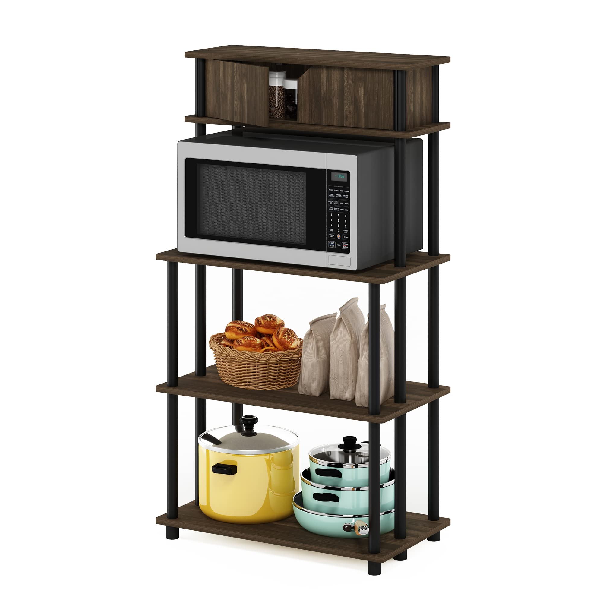 Furinno TURN-N-TUBE Coffee Bar, 5-Tier Bakers Rack, Kitchen Shelves with Top Cabinet, for Pantry Organizers and Storage, Kitchen Organization, Columbia Walnut
