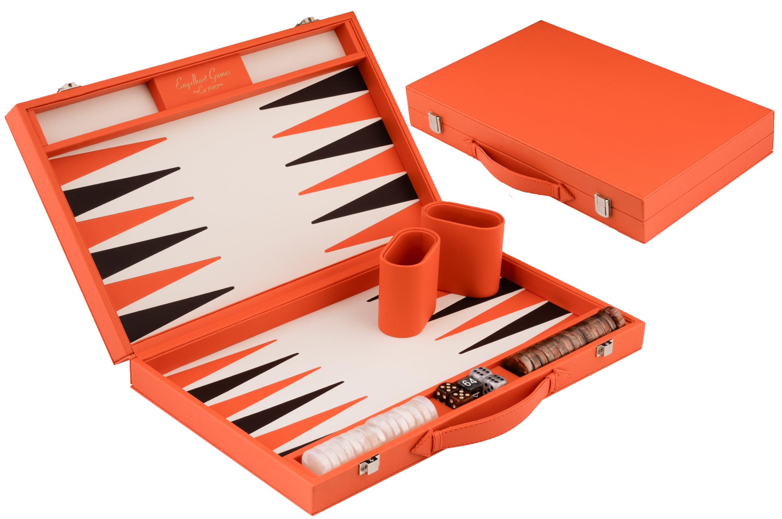 Engelhart-250565 – Backgammon 18 Inch (46.7 cm) Luxury Orange Faux Leather Case – Inlaid Board – Open 56.4 × 46.7 cm – Black/Orange Pieces – Dice & Cups – Classic Board Game