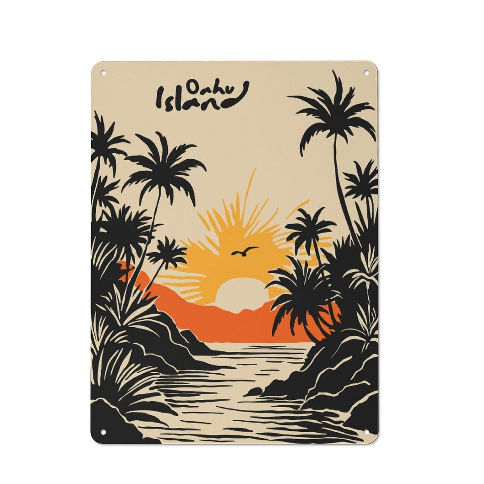 Junmoney Style-13 Tin Wall Plaque 40X30cm With Oahu Island Tropical Sunset For Café Or Restaurant, Housewarming Present For People Styling Café And Restaurant