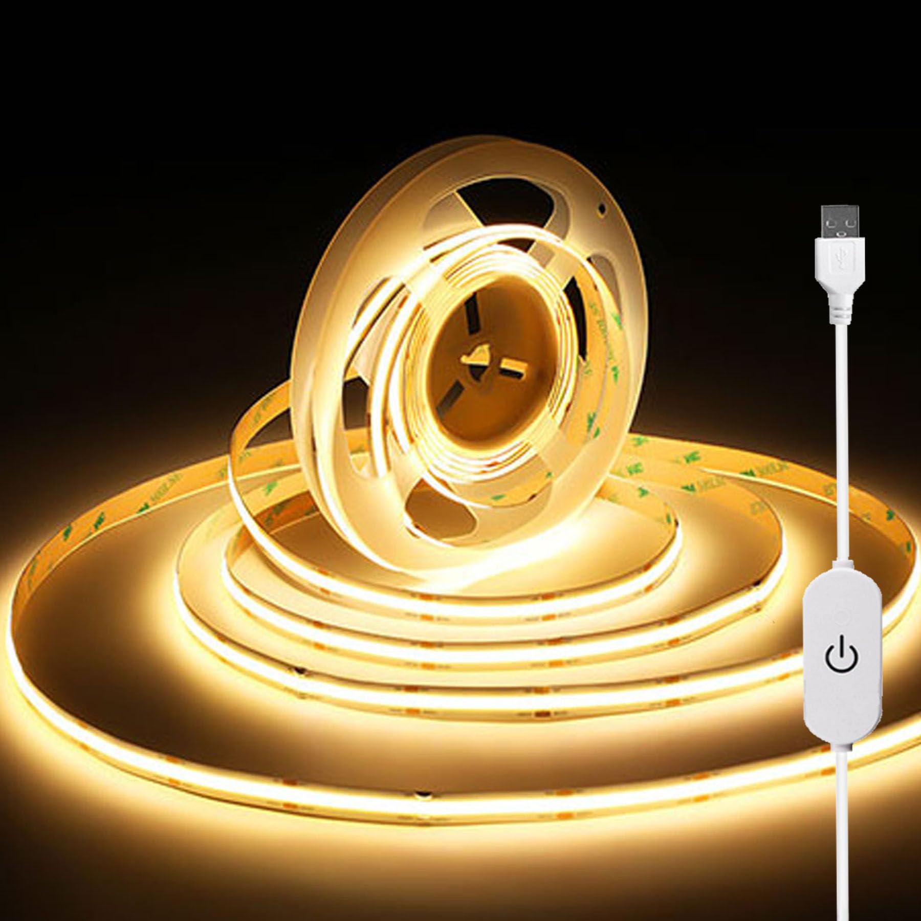 GXSOVIATO COB LED Strip Light, 1m Warm White 3000K with USB Dimmable