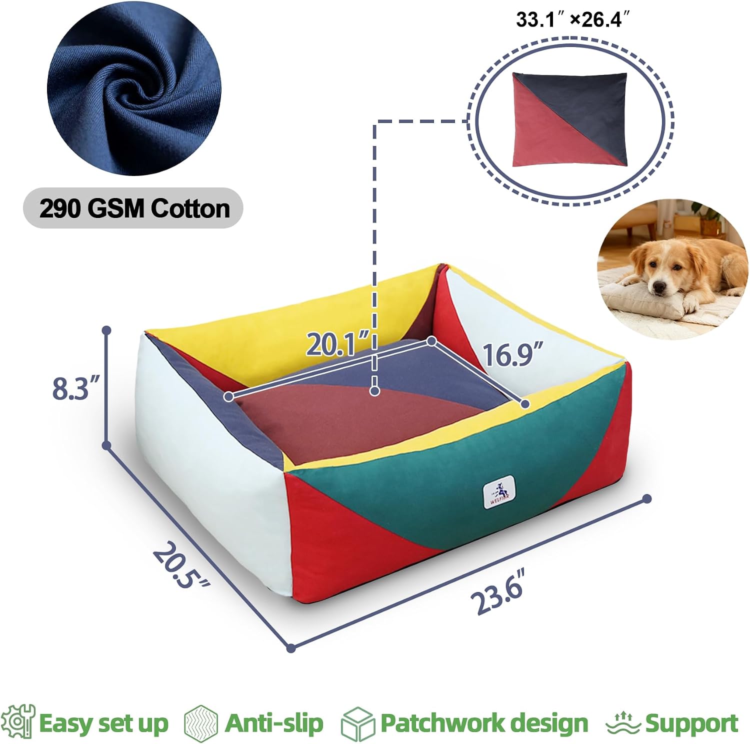 290 GSM Cotton Canvas Dog Couch Bed, Washable Removable Cover, Tough Bolster with Supportive Chopped Foam, Anti-Slip Bottom (Small)