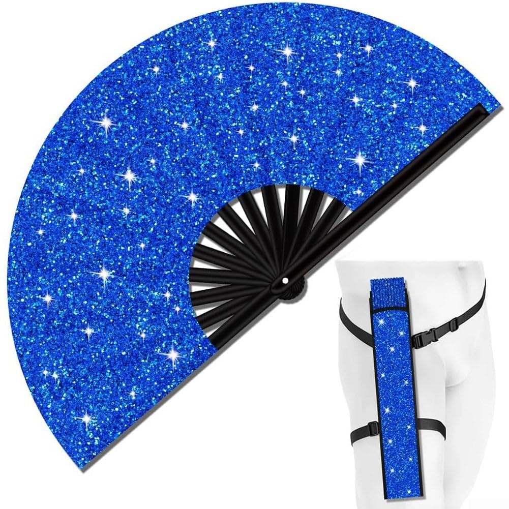 Hand Fan, 33cm Glitter Folding Clack Fan Perfect for Raves Festivals Parties Flamenco Spanish Style Dance Fan Sparkle Sequin Fabric Colorful Design(Royal blue fan)