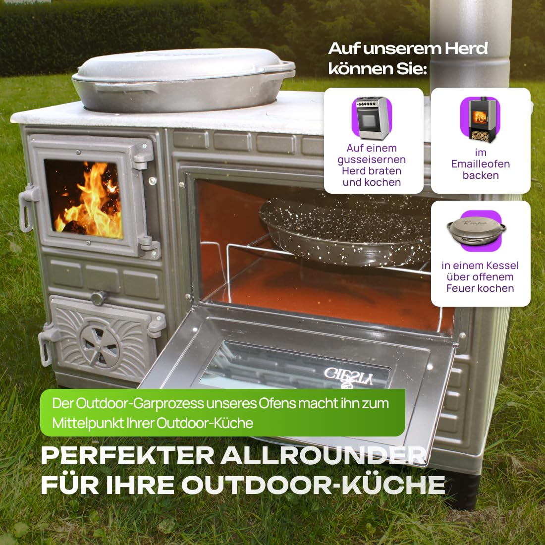 Cuisinière d'extérieur avec plaque en fonte – four de terrasse, cheminée de jardin, four à pizza et poêle à bois pour l’extérieur (Porte en fonte + 2 Tuyaux)