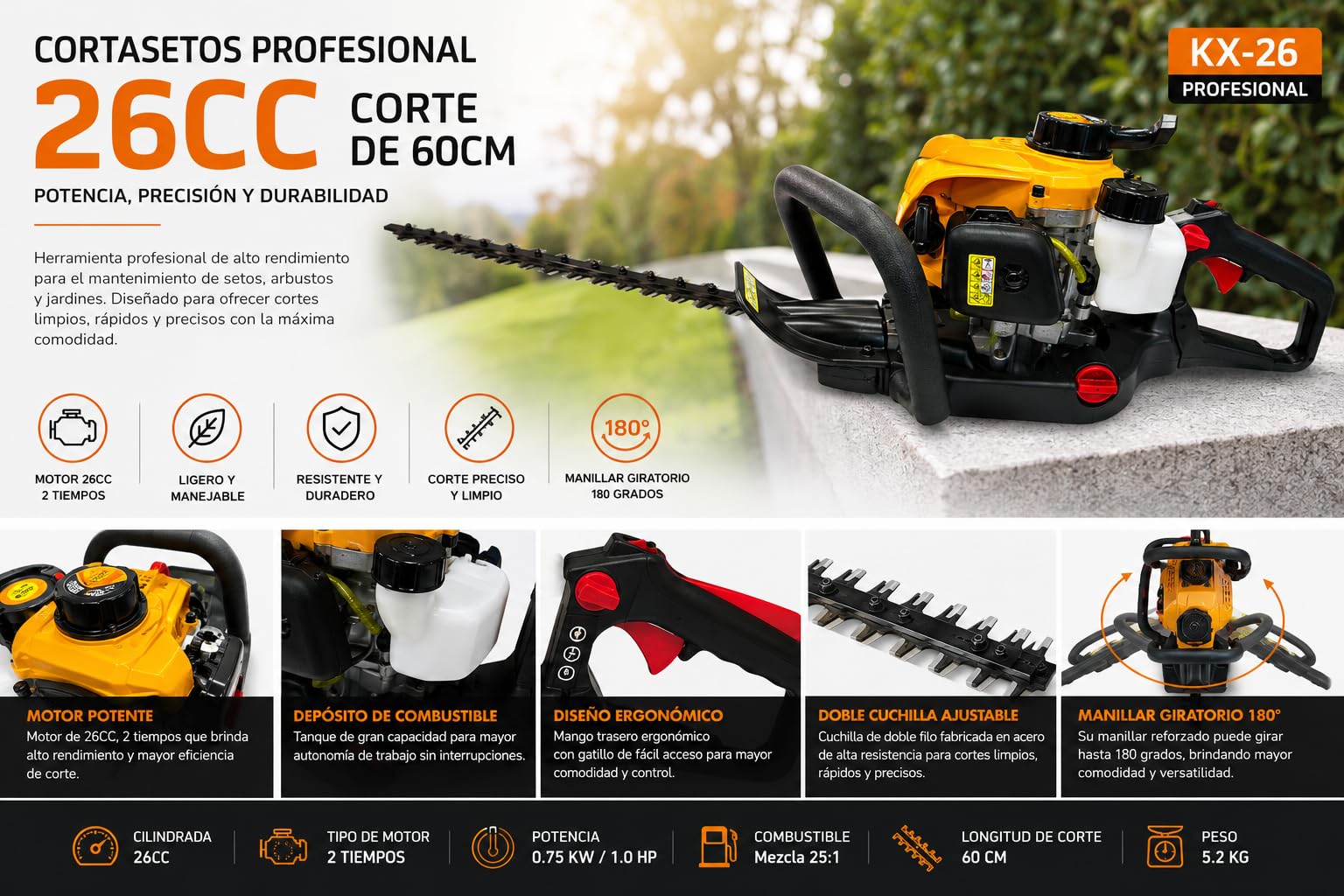 Cortasetos Profesional Gasolina 26CC Corte DE 60CM -KX-26
