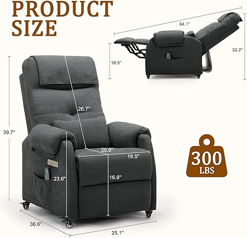 Miniatura 2 de Silla reclinable eléctrica para adultos, reclinable para espacios pequeños con rodillos, silla eléctrica con masaje y calor, puerto de carga USB y