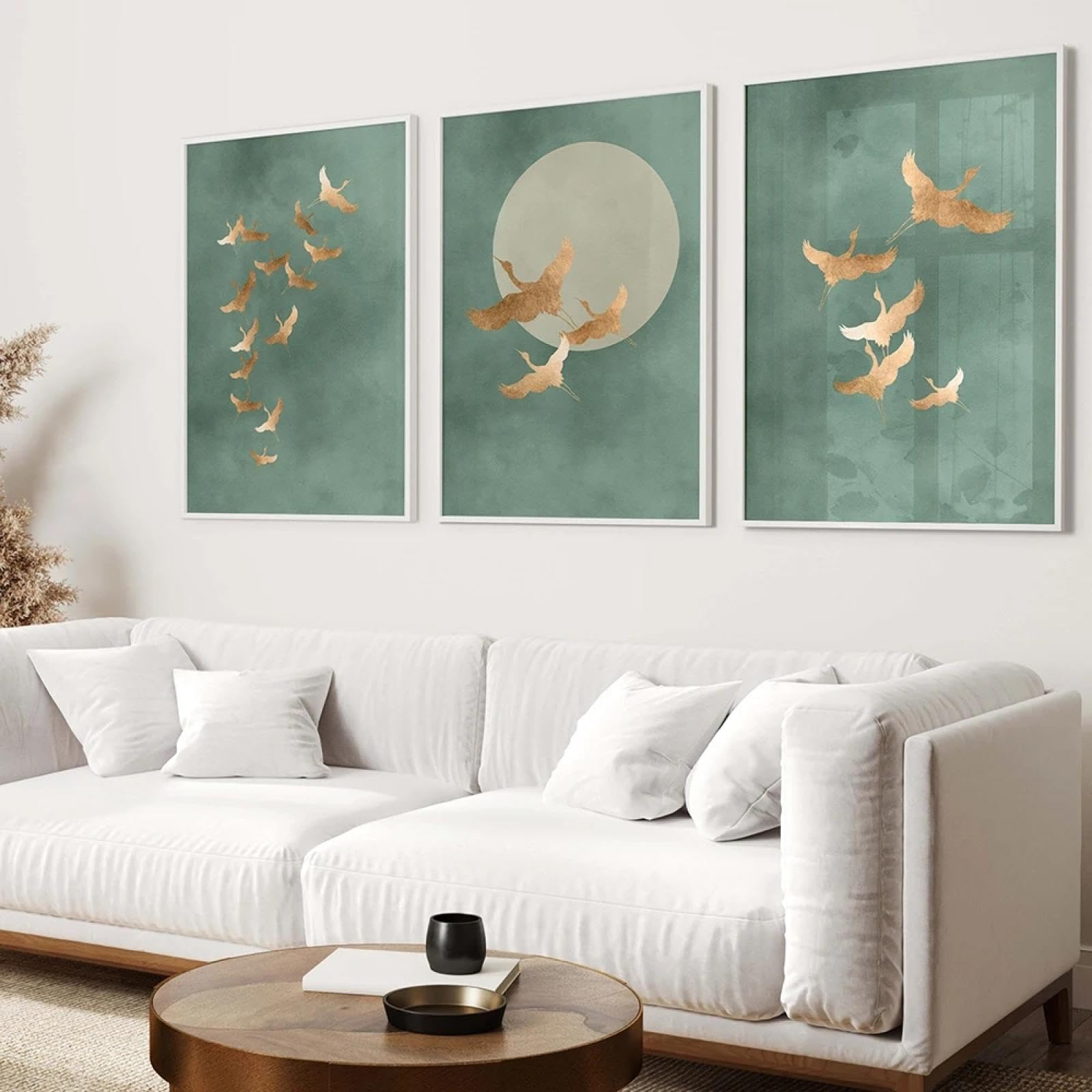 Sage Green Cranes Wall Art Prints Set of 3 Prints Japanese Wall Art Japan Art Birds Minimalist Living Room Decor Poster 30x50cmx3 Frameless