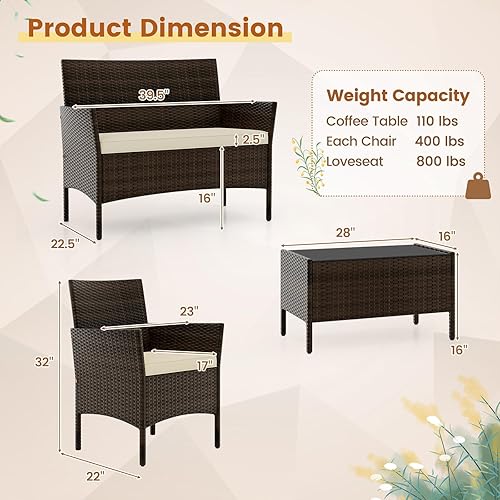 Miniatura 9 de HAPPYGRILL Juego de 4 muebles de mimbre para exteriores, juego de muebles de mimbre para patio con sillas de dos plazas y mesa de café de vidrio