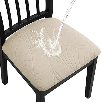 Fuloon Waterproof Chair Seat Covers 4 PCS, Stretch Cushion Covers Washable Dining Room Seat Slipcover Removable Kitchen Chair Protector 4, Cream