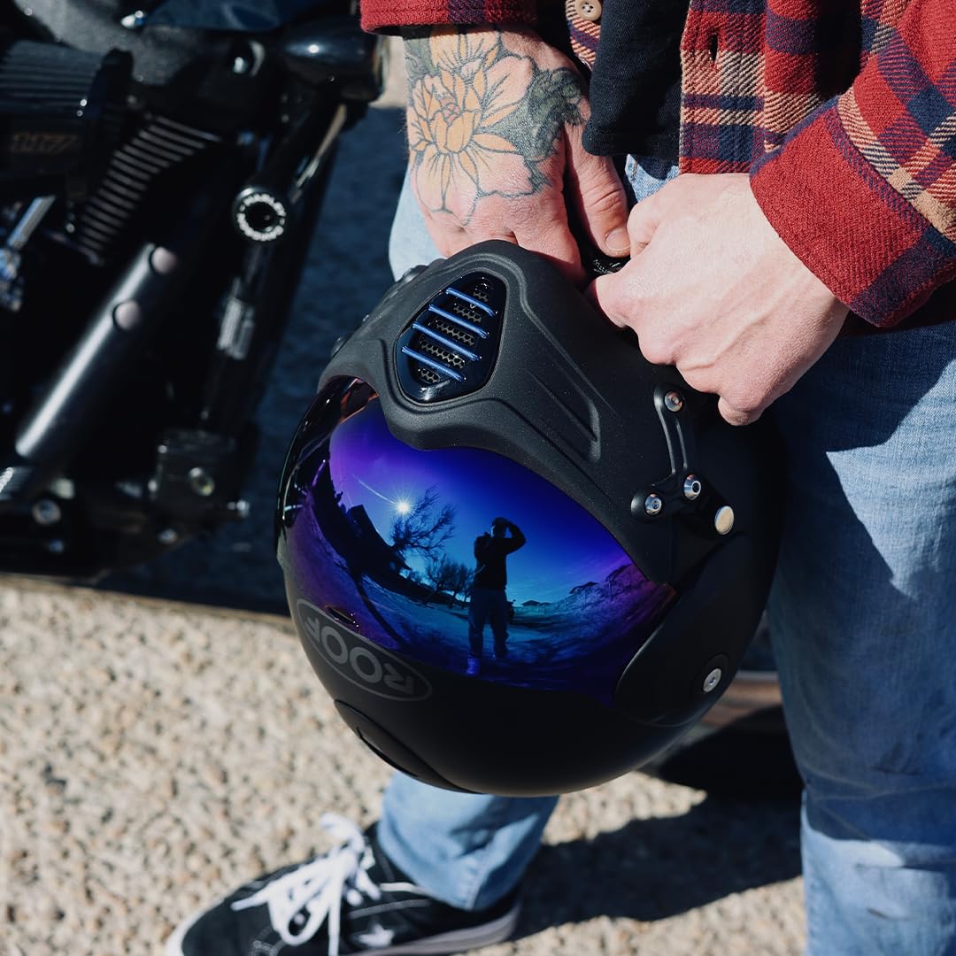 Casque Moto Jet Haut De Gamme ROOF Roadster en Fibre De Verre avec Mentonnière Amovible Magnétique Écran Iridium Inclus– Couleur Iron Noir Mat/Bleu - Offre Directe Usine - Garantie 4 Ans