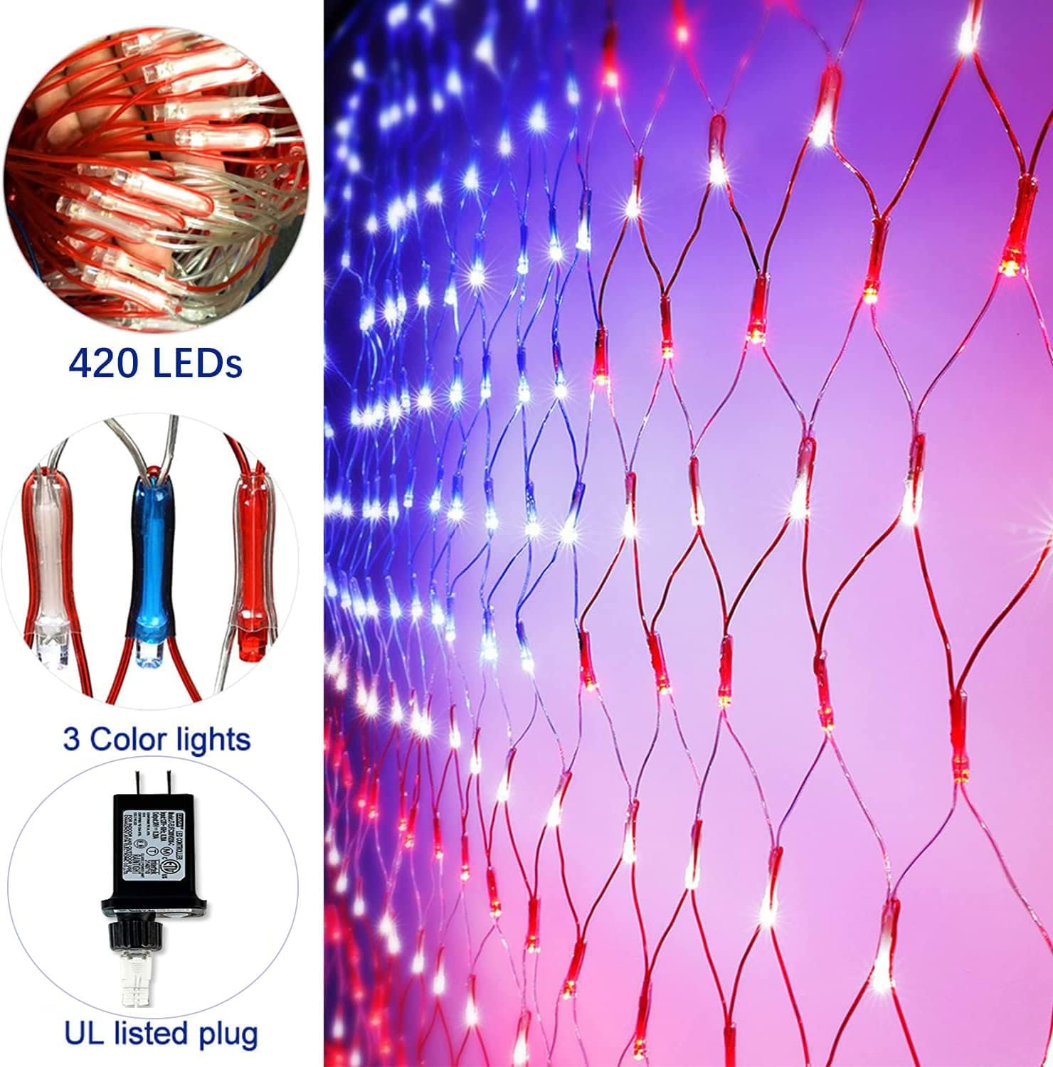 (New) American Flag Lights, 4th of July Decorations, 420 LED USA Flag Lights, UL-Listed Outdoor Waterproof for Independence Day, National Day, Labor Day, Navy Day, Memorial Day (Plug-in 24V)