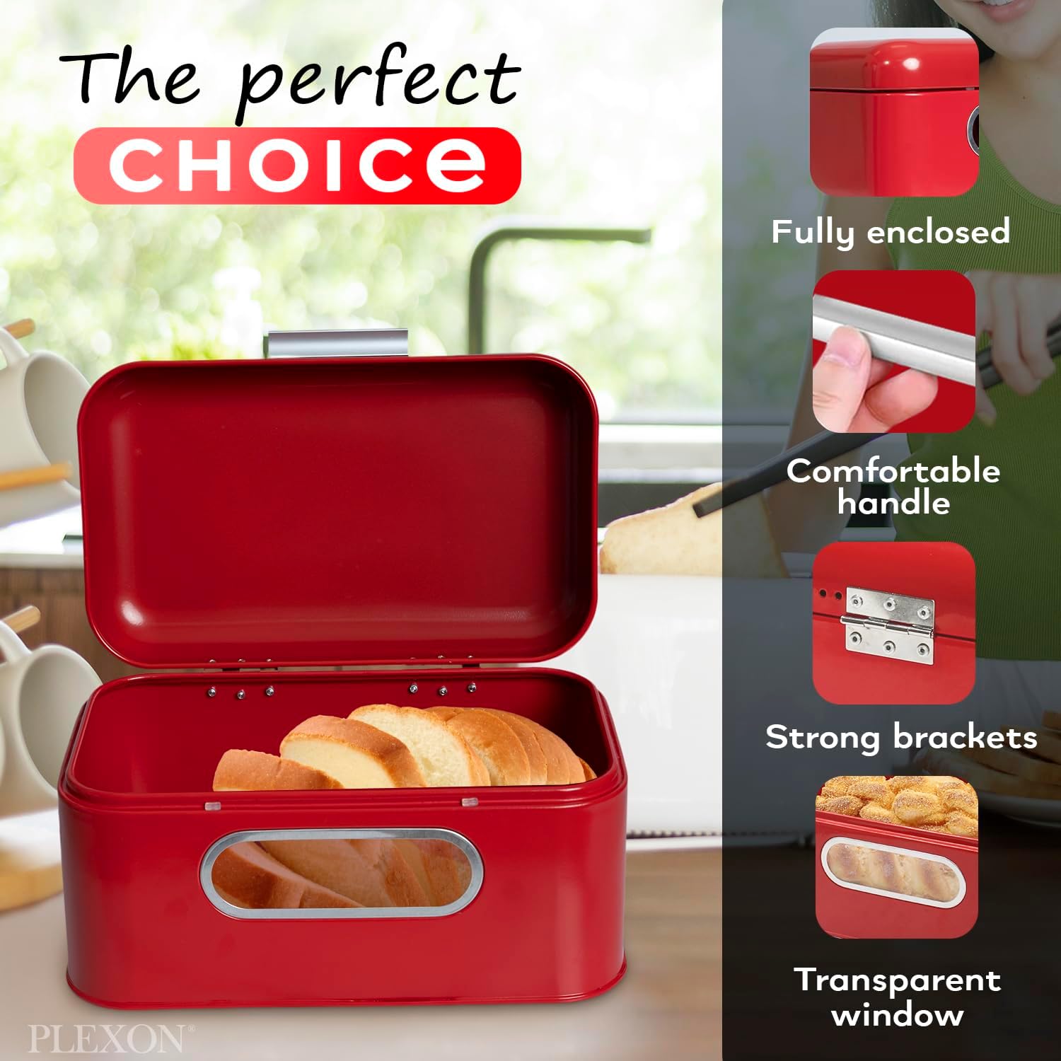 Plexon Red Bread Box for Kitchen Countertop with Lid and Clear Window, Metal Bread Storage Container