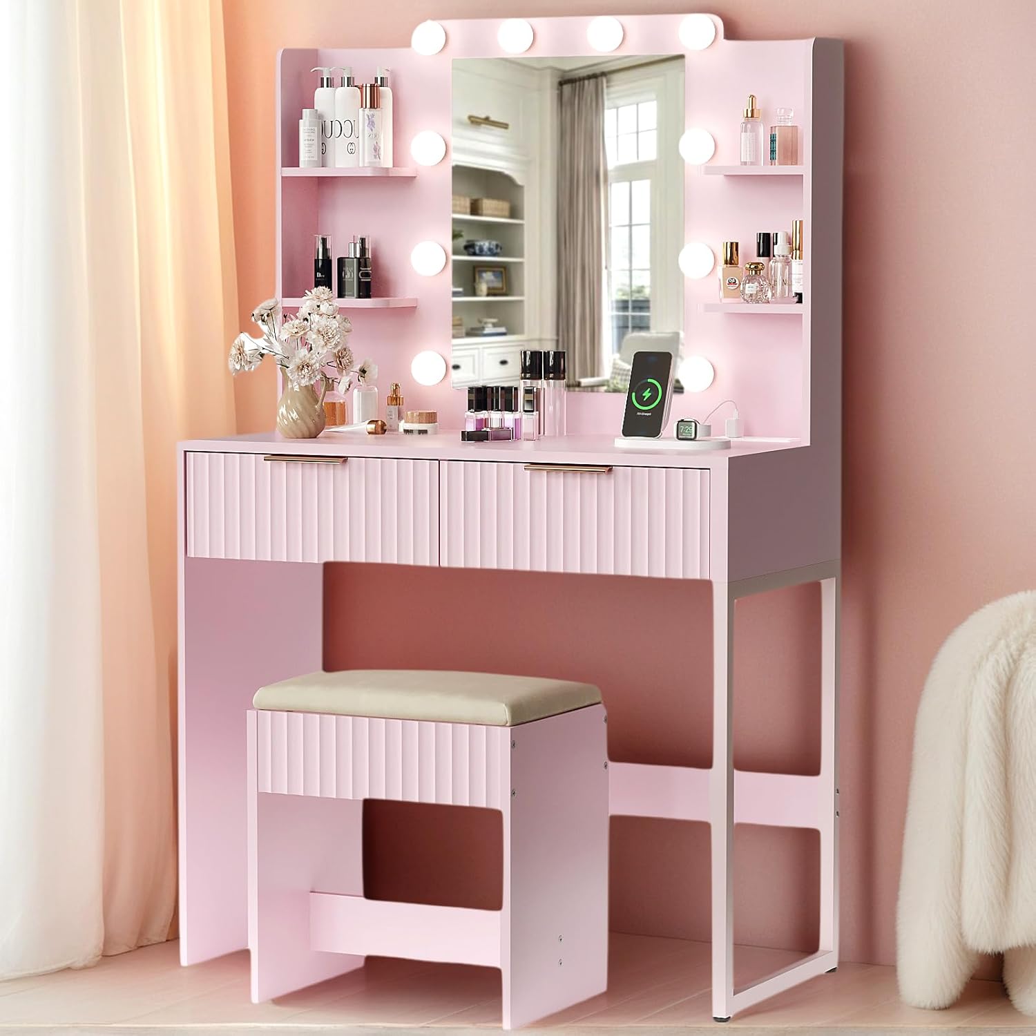 Karl home Fluted Makeup Vanity Desk with Mirror and Lights, Vanity Table Set with 2 Drawers & 4 Storage Shelves, Dressing Table with Charging Station & Cushioned Stool for Women Bedroom, Pink