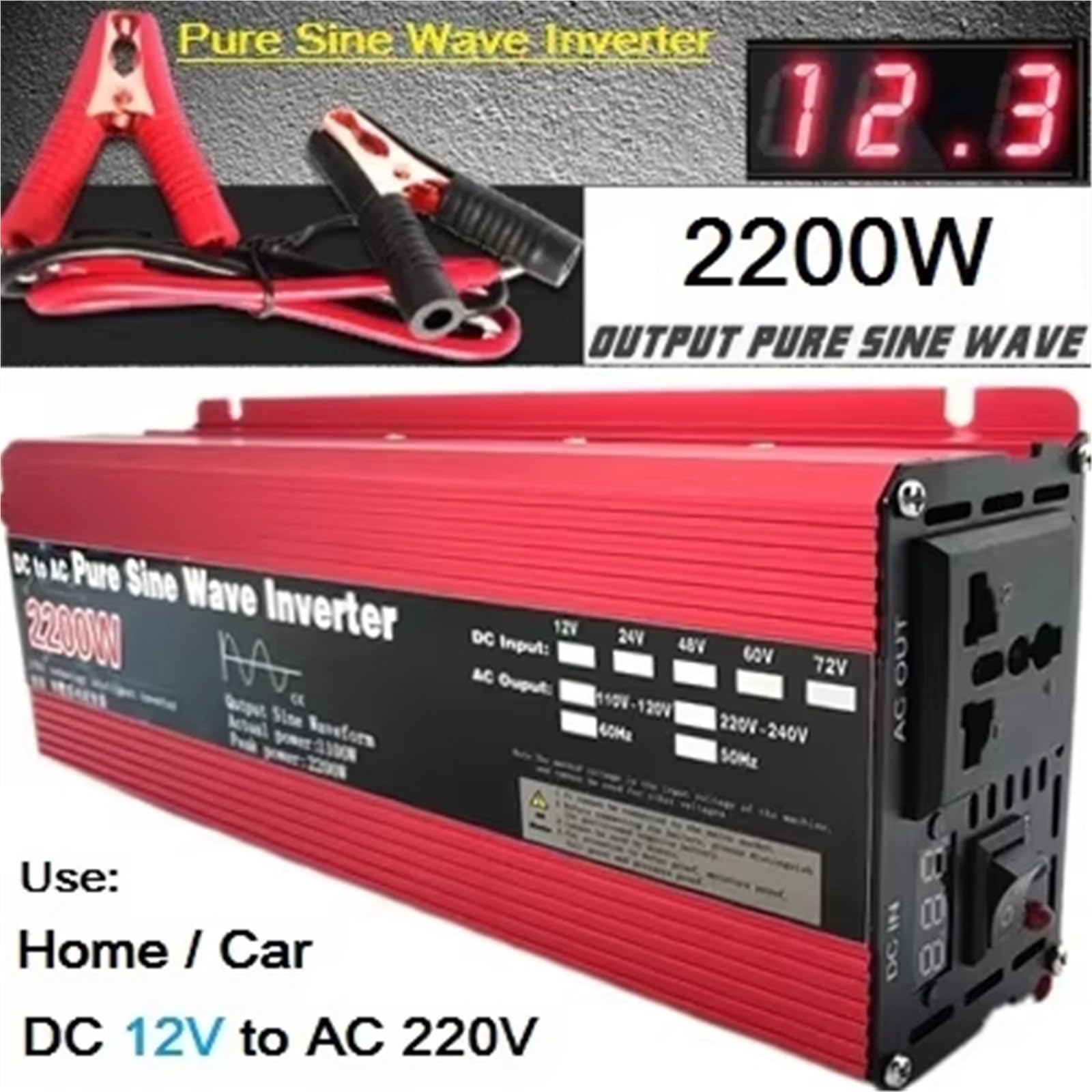 Inversor Inversor Onda Sinusoidal Pura CC 12V/24V A CA 220V/230V 50Hz 1000W 1600W 2000W 3000W Convertidor De Banco Energía Portátil Inversor Solar(2200W 12V)