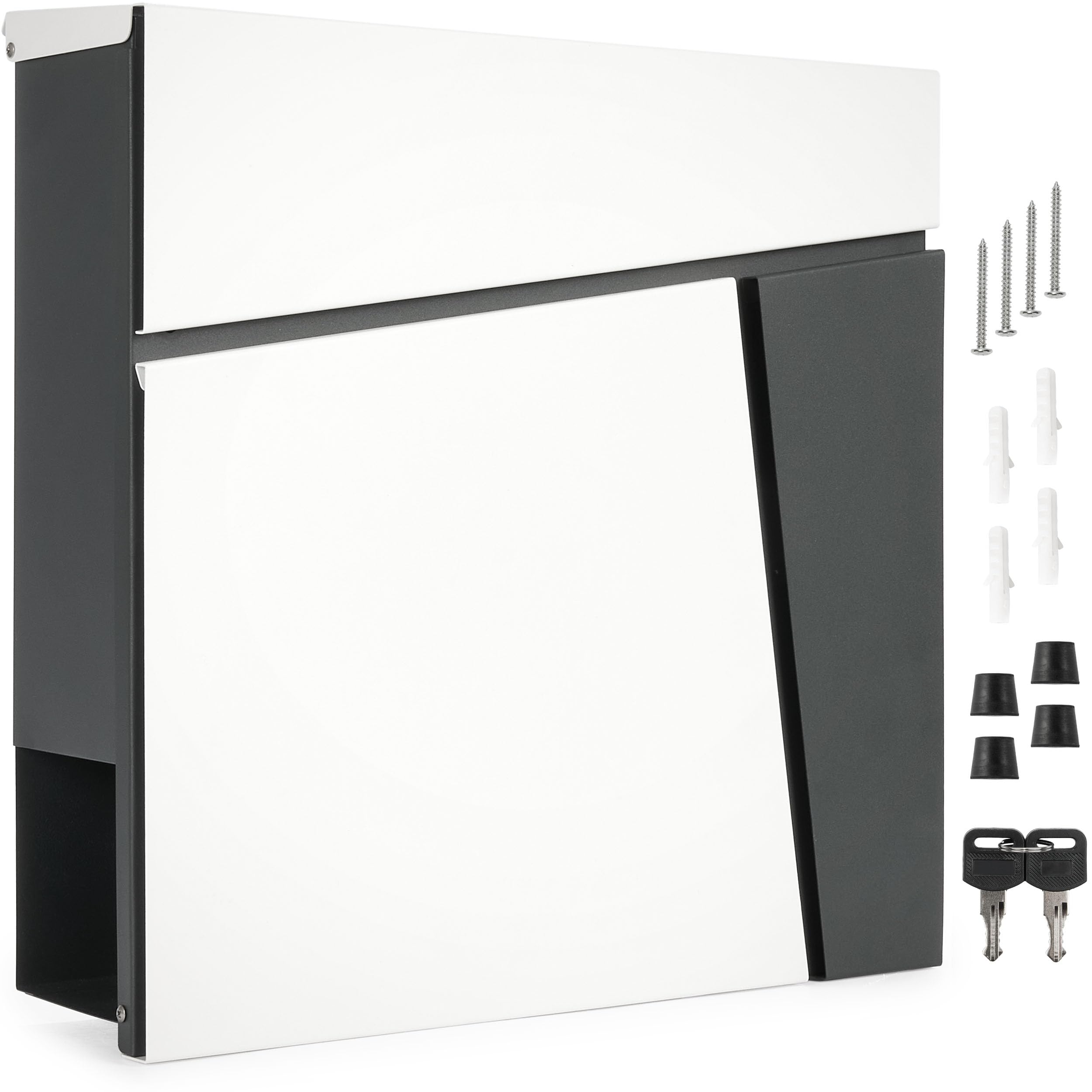 Brubaker White And Anthracite Letter Box With Newspaper Tube - Modern, Large And Weatherproof - Design Post Box With Newspaper Compartment - Aluminium Wall-Mounted Mailbox With 2 Keys