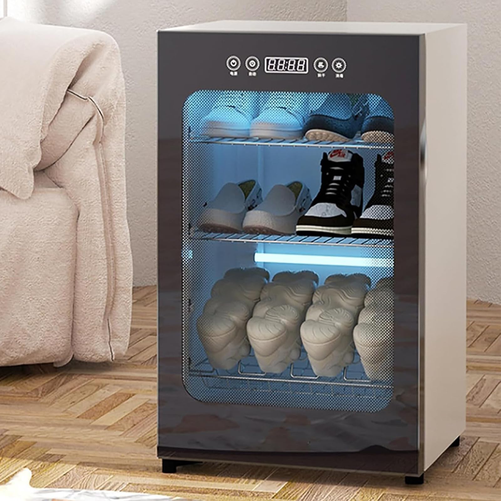 3-stöckiger Schuhschrank Trocknungsfunktion, Schuhdesodorierungs- und -pflegemaschine, Platz für 6-8 Paar Schuhe, Timerfunktion, für Familien, Unternehmen, Hotels, Fußpflegepraxen.