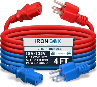 IronBox Electric 2-in-1 Bundle Heavy-Duty 5-15P to C13 Power Cord - 3 Prong 15A 125V 14/3 SJT PC Cable - Cord for Computer, Monitor, Amplifier - Cable for Power Supply 4 Ft, Red & Blue