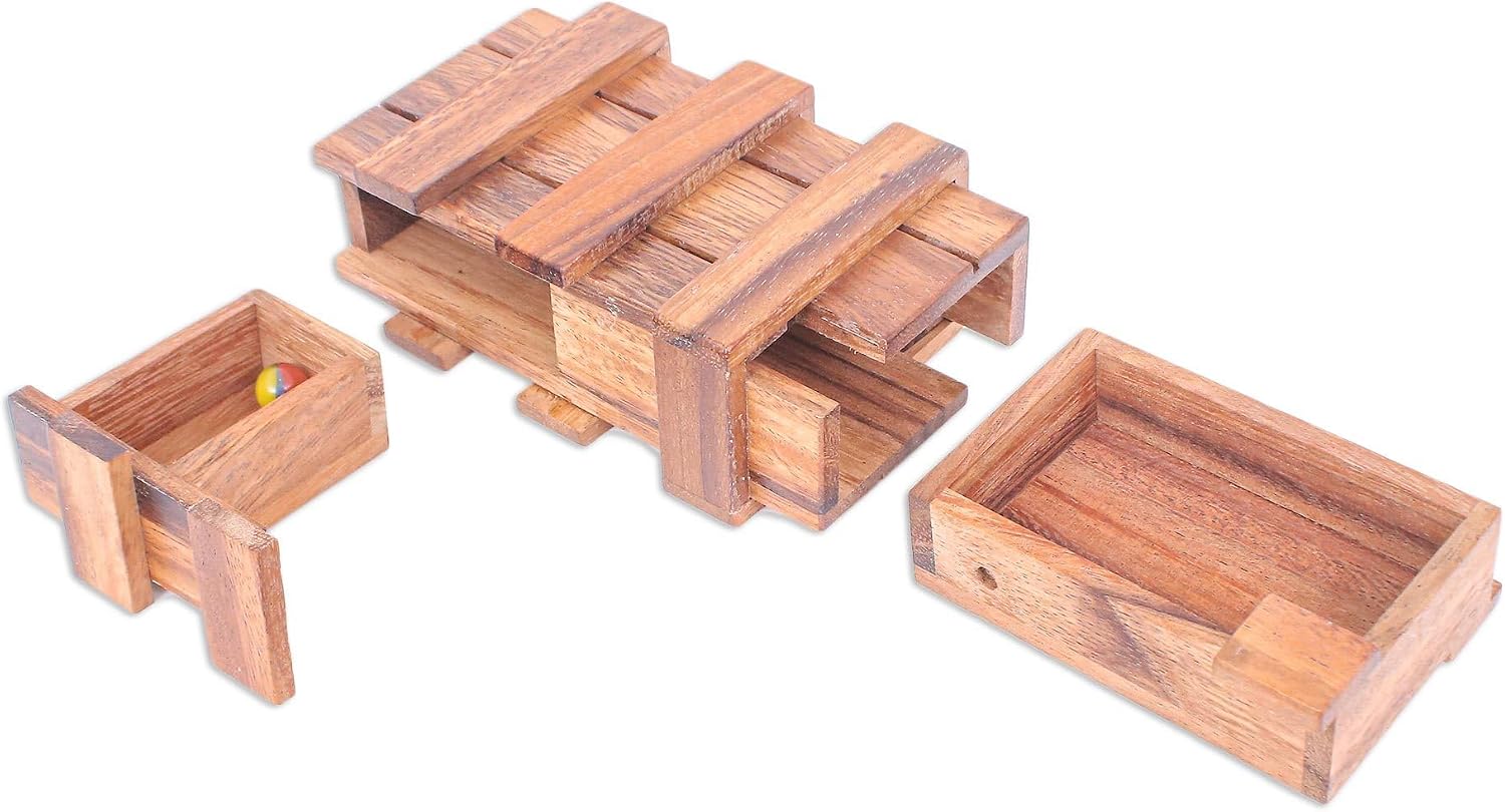 NOVICA Artisan Handmade Wood Puzzle Raintree Game Brown Woodglass Thailand Chess Sets Games Puzzles [Box 1.9in H x 5.5in W x 3.2in D 0.5in H x 0.5in W x 0.5in D] ' Double Magic'