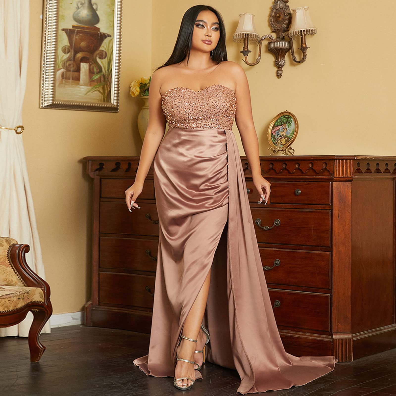 EliteBloom Evening Dress Women's Plus Size Off Shoulder Sexy High Split Long Formal Party Maxi Floor Dresses Evening Gown,Brown-XXL(65-72.5KG) : Clothing, Shoes & Jewelry