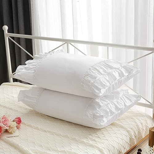 Vista 100 de Fundas de almohada cuadradas blancas con volantes, fundas de almohada europeas, 100% algodón, 18 x 18 pulgadas, 2 unidades Blanco 3