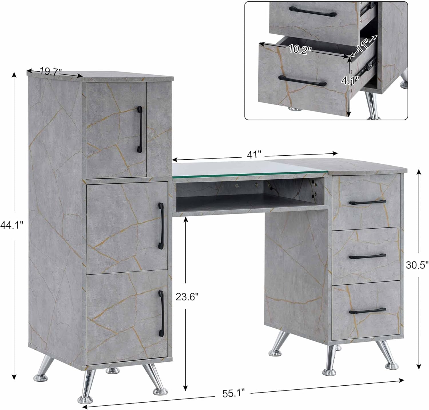 Gold and Gray Marble Manicure Table with Storage Drawers