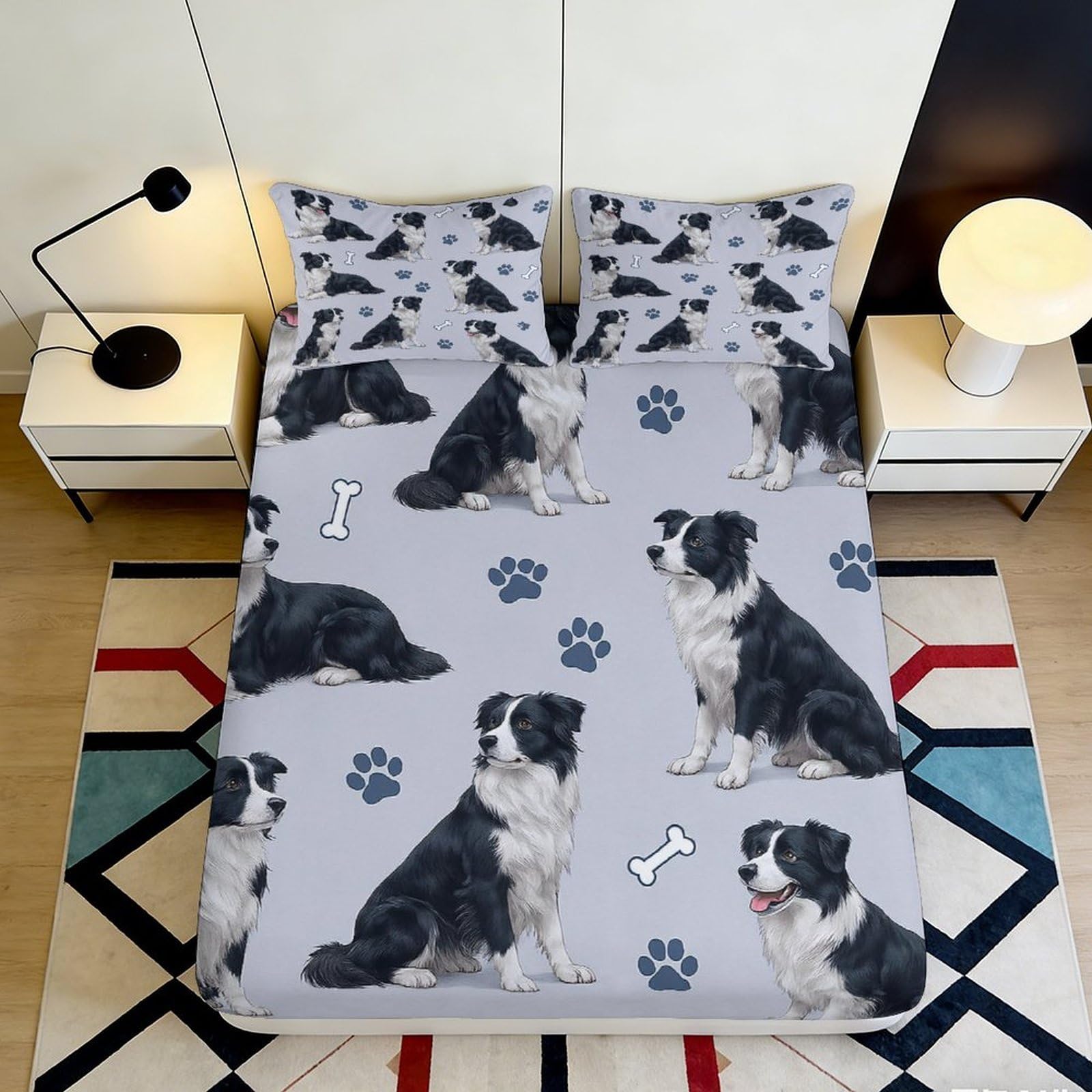 3D Printed Border Collie Dog Fitted Sheet Microfiber Non Slip Machine Washable Paw Bone Mattress Cover for Bedroom Guest Room Decor 90x200x25cm