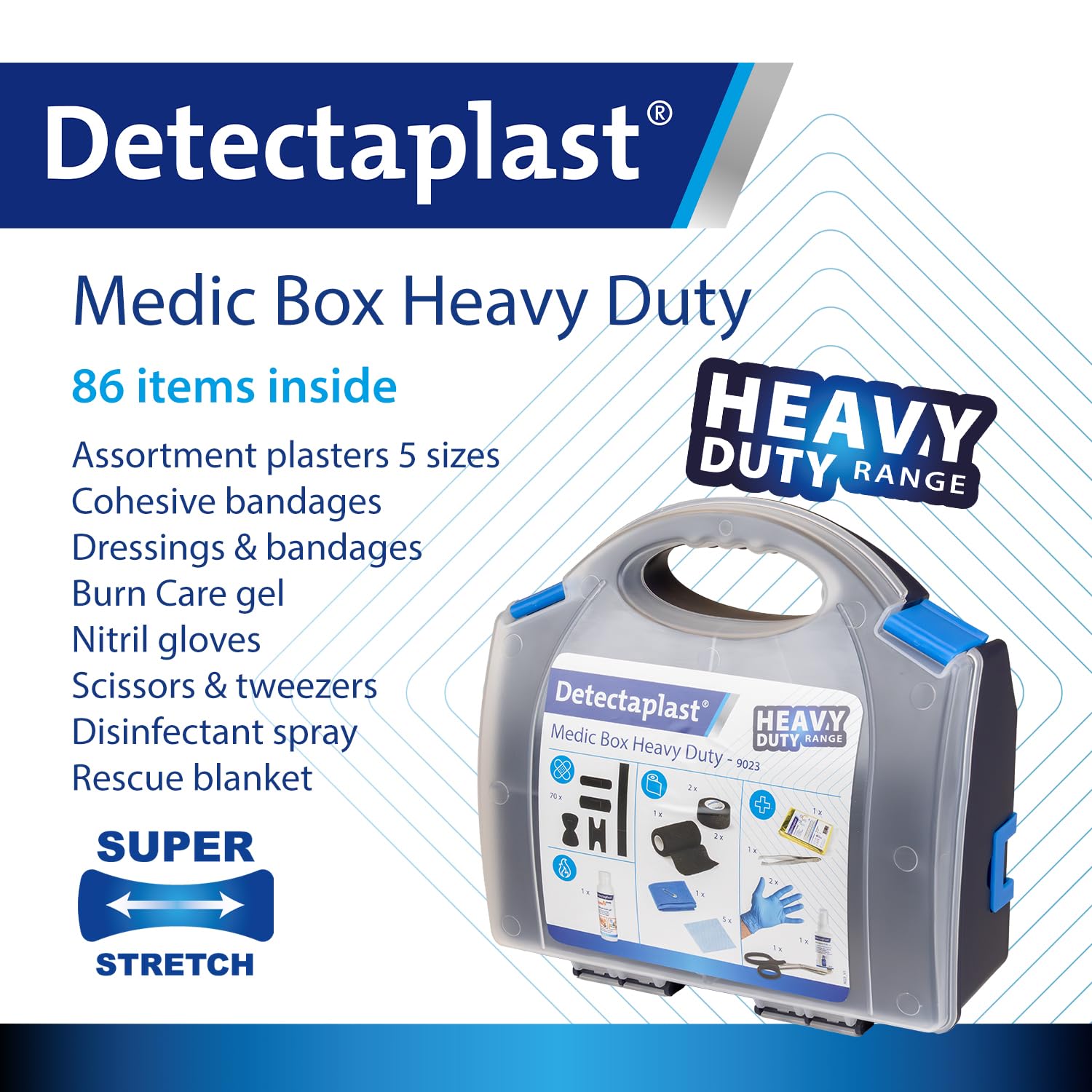 Detectaplast Kit pronto soccorso professionale con cerotti neri resistenti y cerotto spray, ideale per industria, artigiani, ristorazione, officine e uso quotidiano. Valigetta portatile. 86 pezzi