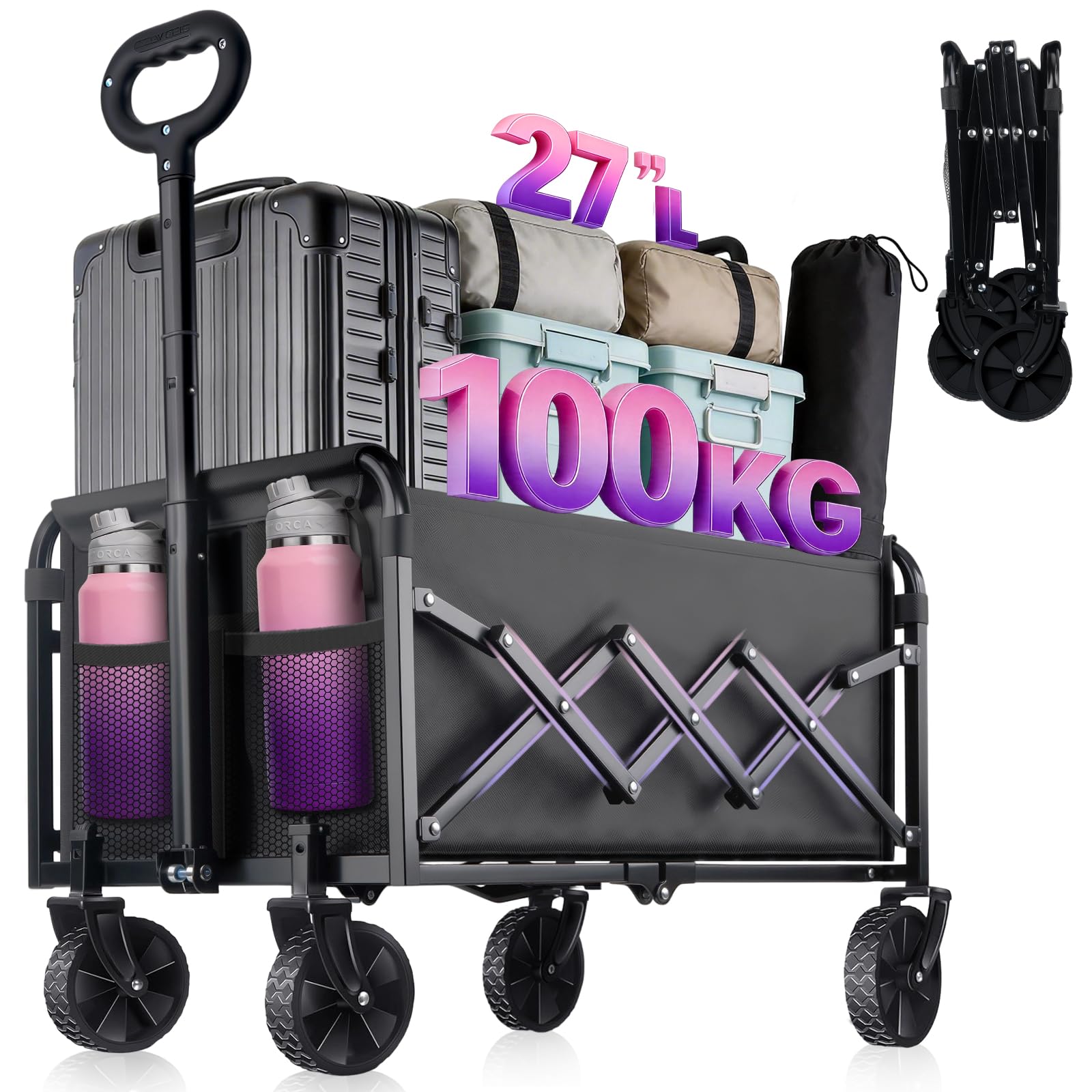 View 1 of 100KG Collapsible Folding Wagon Cart with 360° Rotatable Wheels - Small