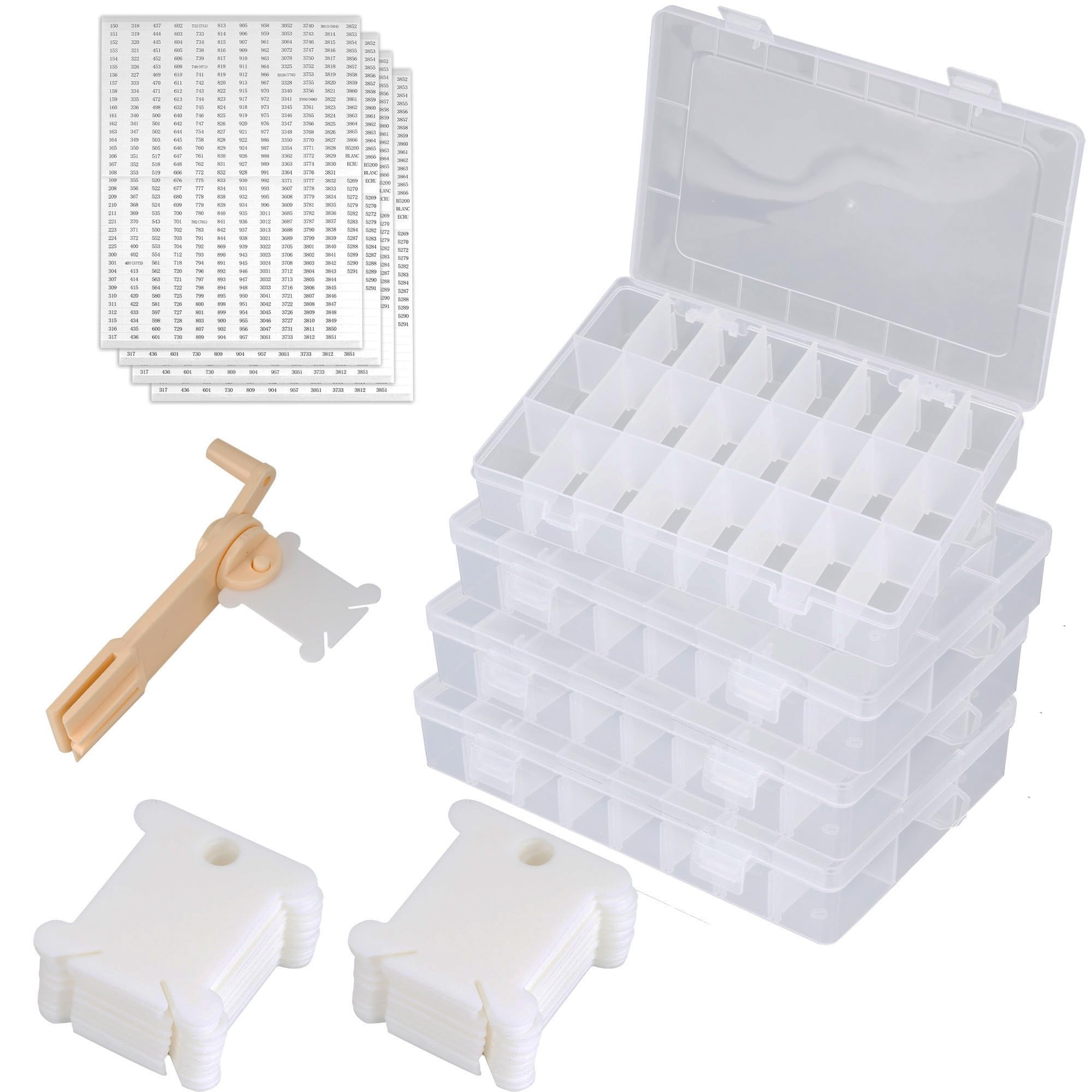 Juego de 4 cajas de almacenamiento de hilo de punto de cruz, caja organizadora de hilo de bordado, caja organizadora de punto de cruz con bobinadora, bobinas de hilo de plástico y