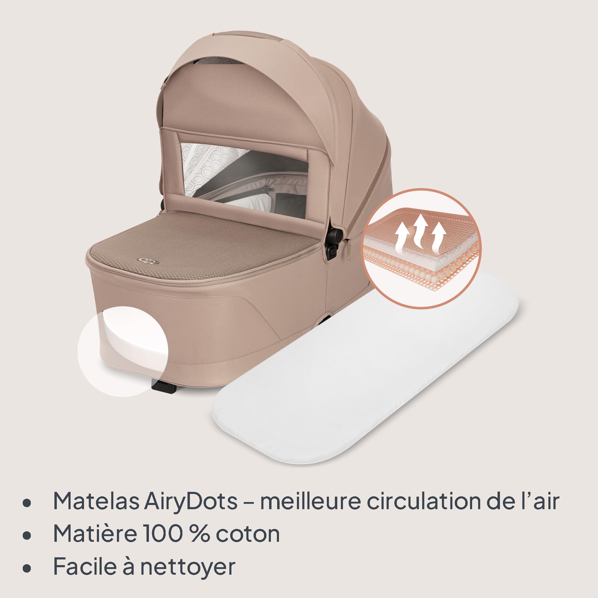 Lionelo Freya Poussette 2en1 (0-4 Ans, 0-22 Kg), Nacelle Pliable et Poussette Bebe, Position Allongée, Suspension et Roues PU, Capote UPF50+, Boucle Magnétique, Ventilation, Accessoires (Beige)