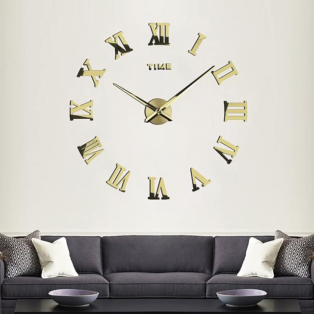 VIVILINEN DIY Wall Clock Large Frameless Modern Clock Roman Numerals 3D Mirror Sticker Wall Clock for Office Home Decor