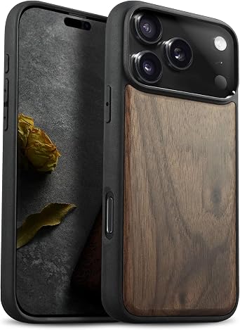 Carveit Magnetic Wooden Case for iPhone 17 Pro Max Case, Wood Artisan Engraved & Black Soft TPU Shockproof Cover, Compatible with MagSafe Wireless Chargers Natural Grain Walnut