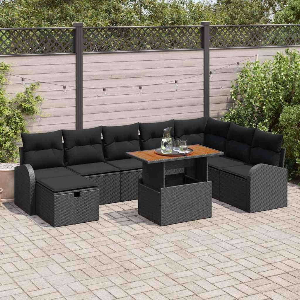 Ensemble de canapé de jardin noir en rotin synthétique avec 9 pièces, résistant aux intempéries, pour terrasse et balcon, comprend table, tabouret, coussin