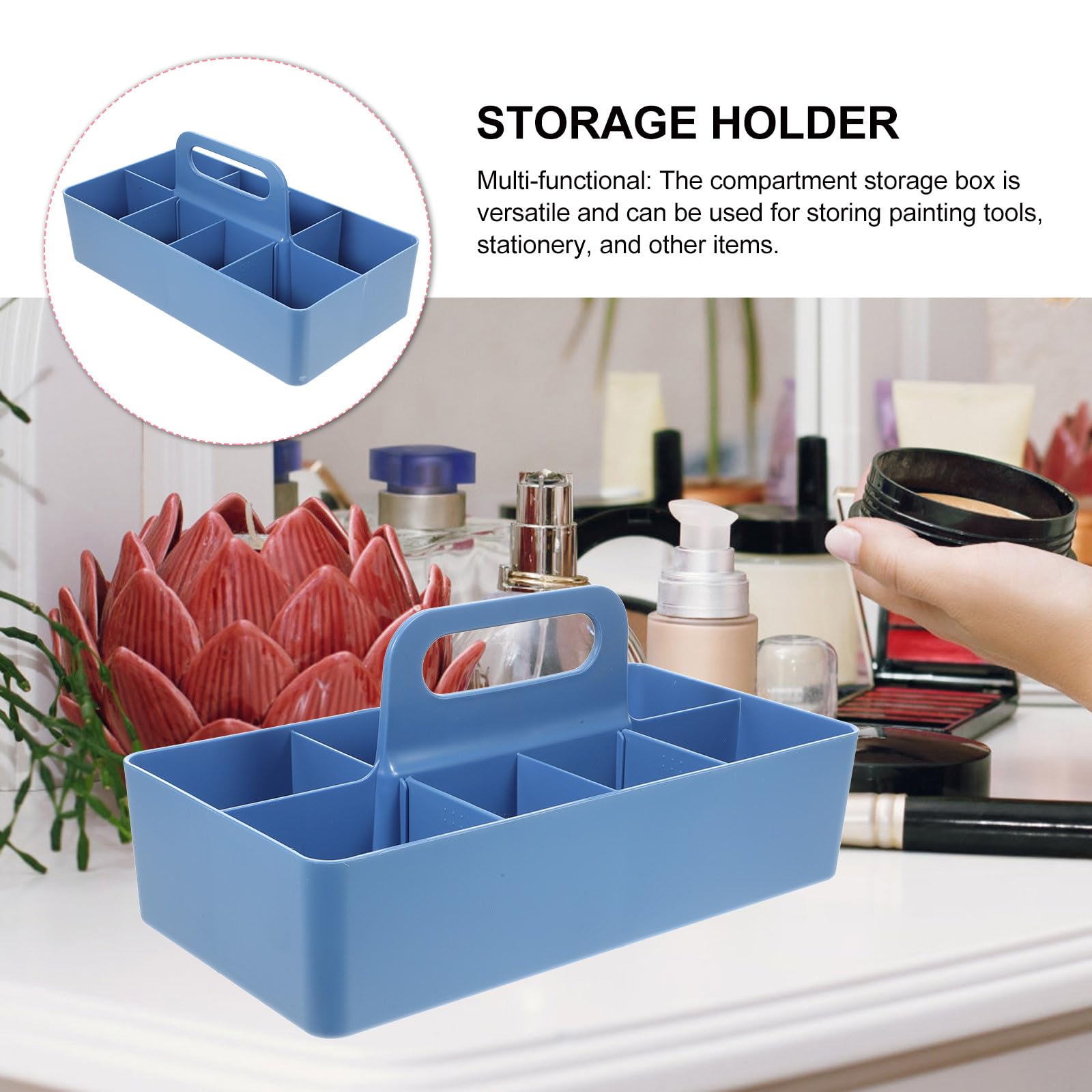 Boîte de Rangement Empilable Compartimentée 33x17x8 Cm Bleu Poignée, Organiseur de Table Multifonction pour Bureau, Matériel Artistique et Papeterie, Conteneur Pratique pour Stylo