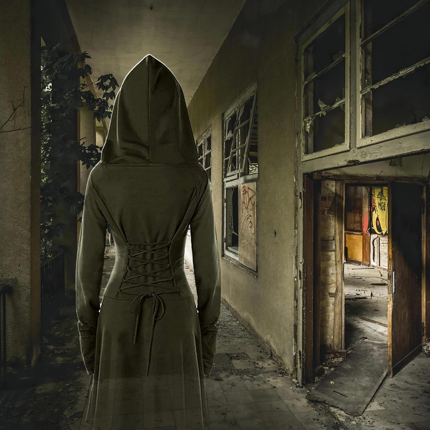 Womens Renaissance Costumes Hooded Robe Lace Up Renaissance Dress Women Halloween Vintage Medieval Cloak - Image 5