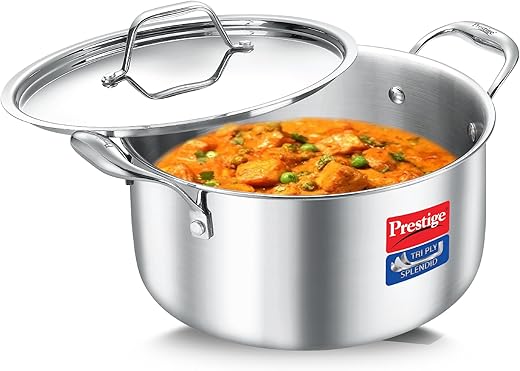 Prestige 16cm/1.5L Tri-Ply Stainless Steel Splendid Casserole| Gas and Induction Compatible |Even Heat Distribution| Thick Gauge Tri-Ply Body|…