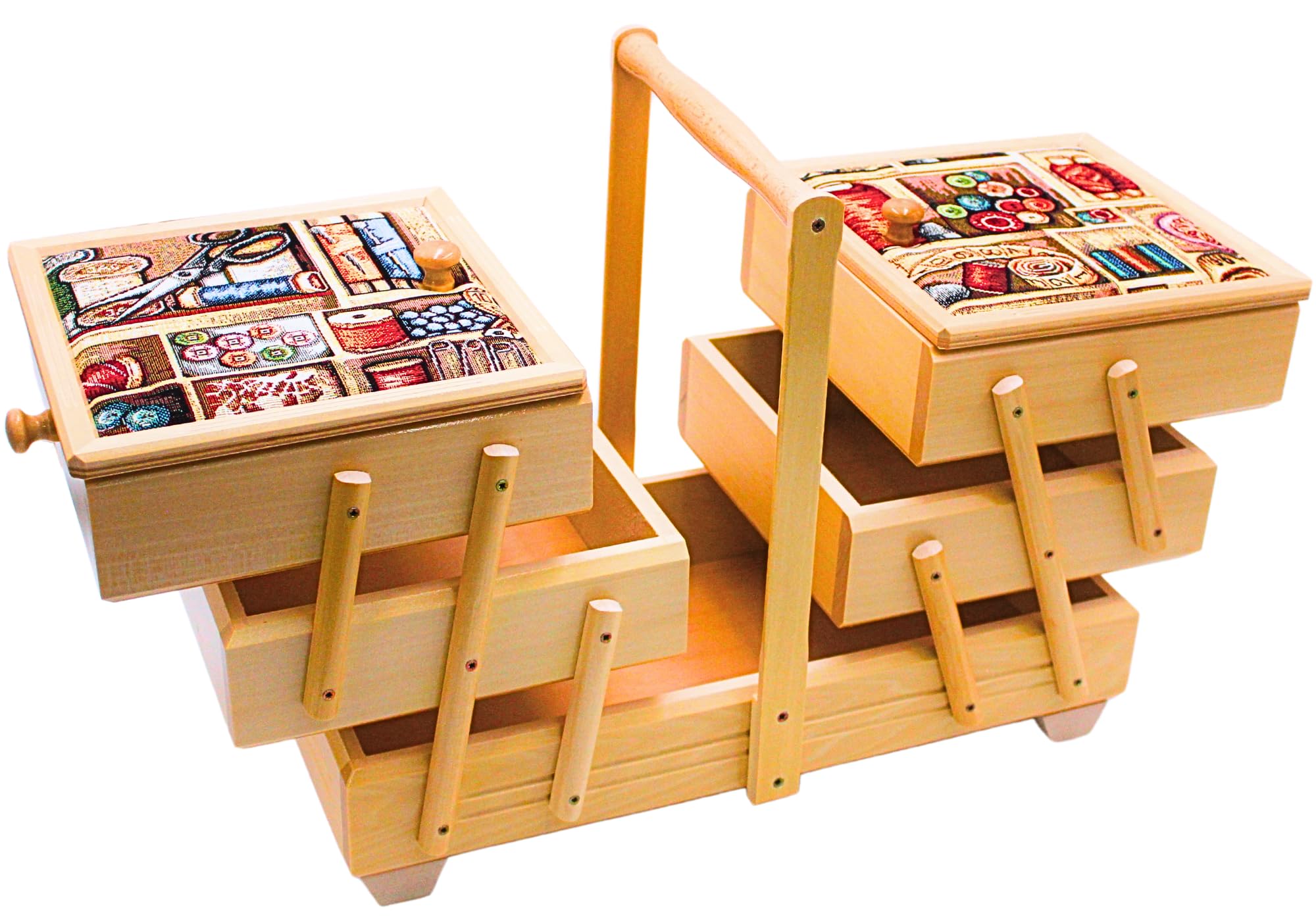 Costurero en madera contrachapada con 7 compartimentos y funda de tela, diseño de aguja en color natural, 42 x 20 x 21 cm