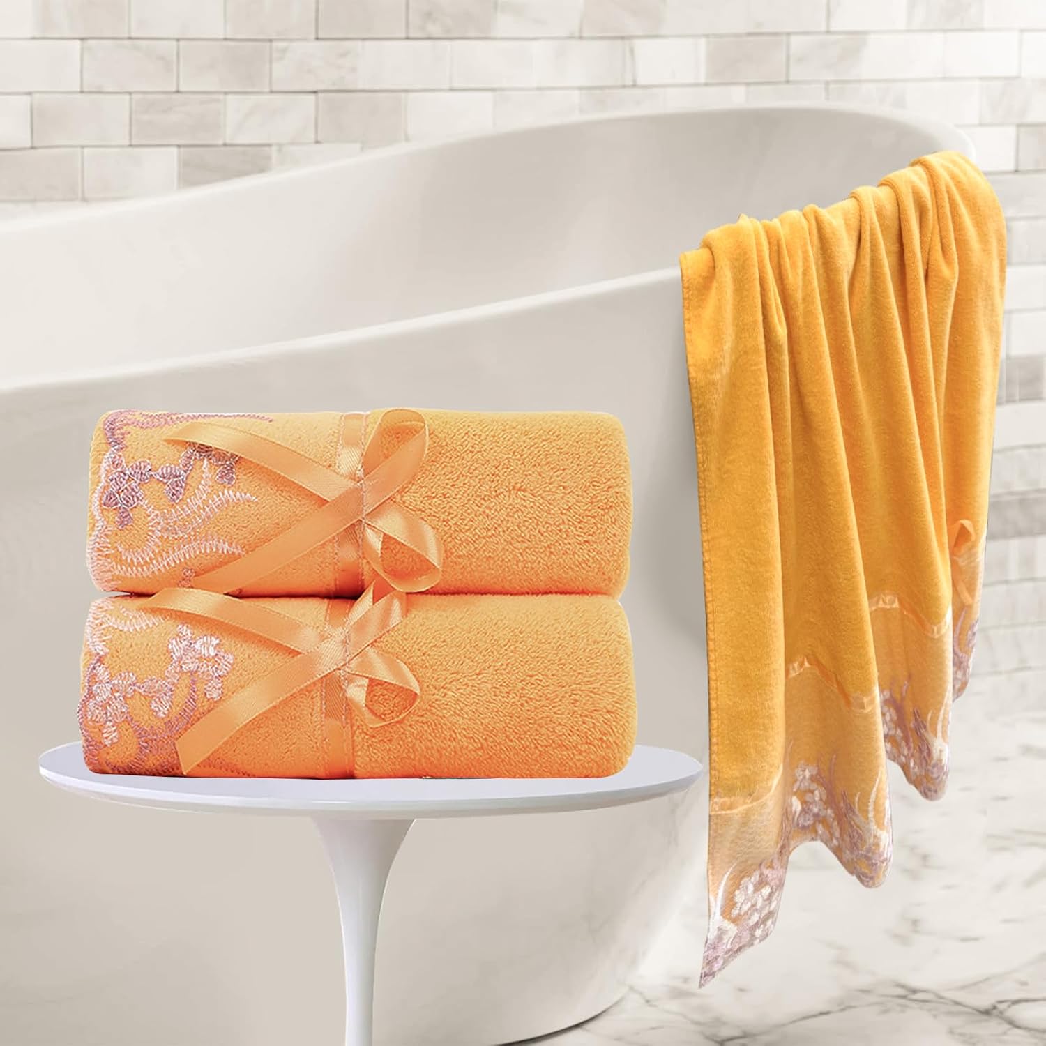 Lace Towels Set, Yellow Bath Towels and Hand Towels Soft & Absorbent Velvet Shower Towels Ideal for Daily Use Bathroom (1 Bath Towel+2 Hand Towels)